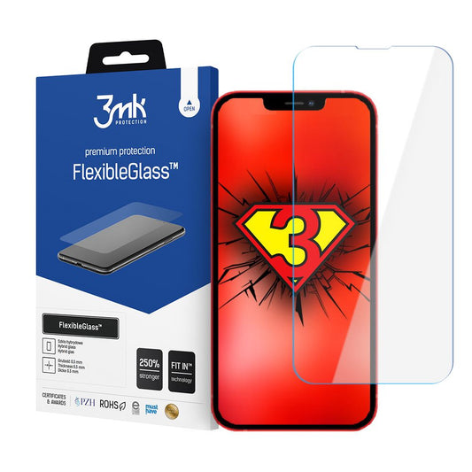 Pellicola protettiva per schermo 3MK FlexibleGlass per Apple iPhone 17e / 16e / 14 / 13 Pro, Vetro Flessibile, Colla Completa