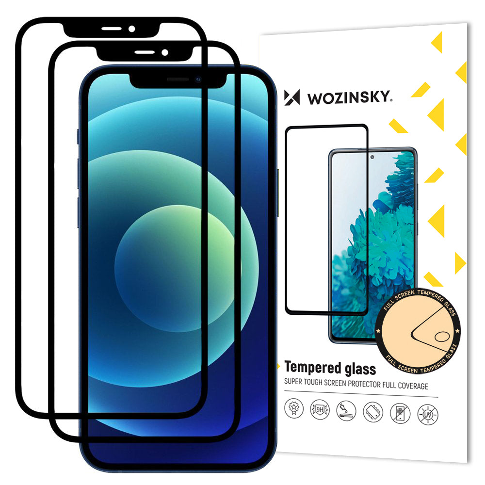 Pellicola Protettiva Schermo WZK per Apple iPhone 12 / 12 Pro, Vetro Temperato, Full Glue, Set 2 pezzi, Case Friendly, Nera