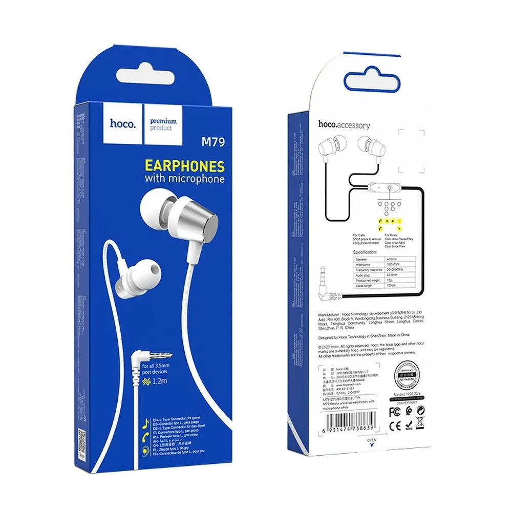 Handsfree 3.5mm HOCO M79, Bianco
