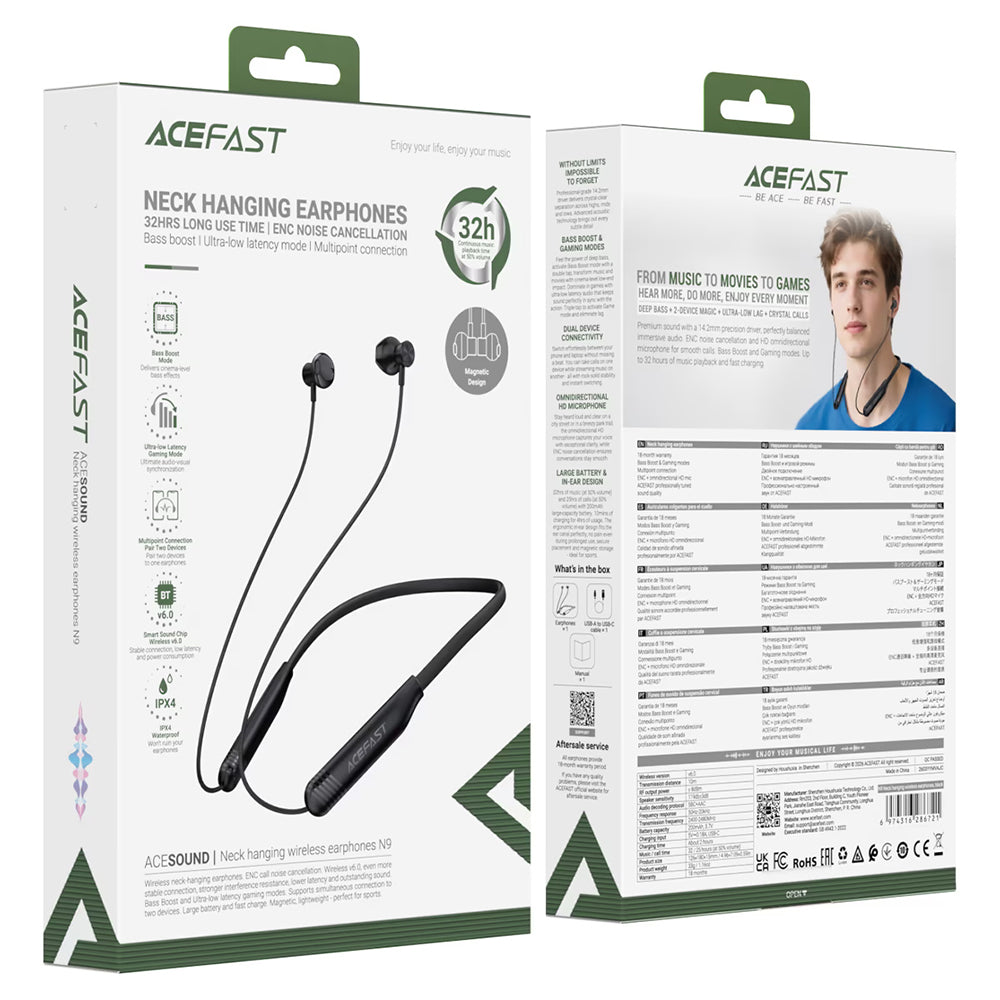 Auricolari Bluetooth Acefast N9, A2DP, Nero