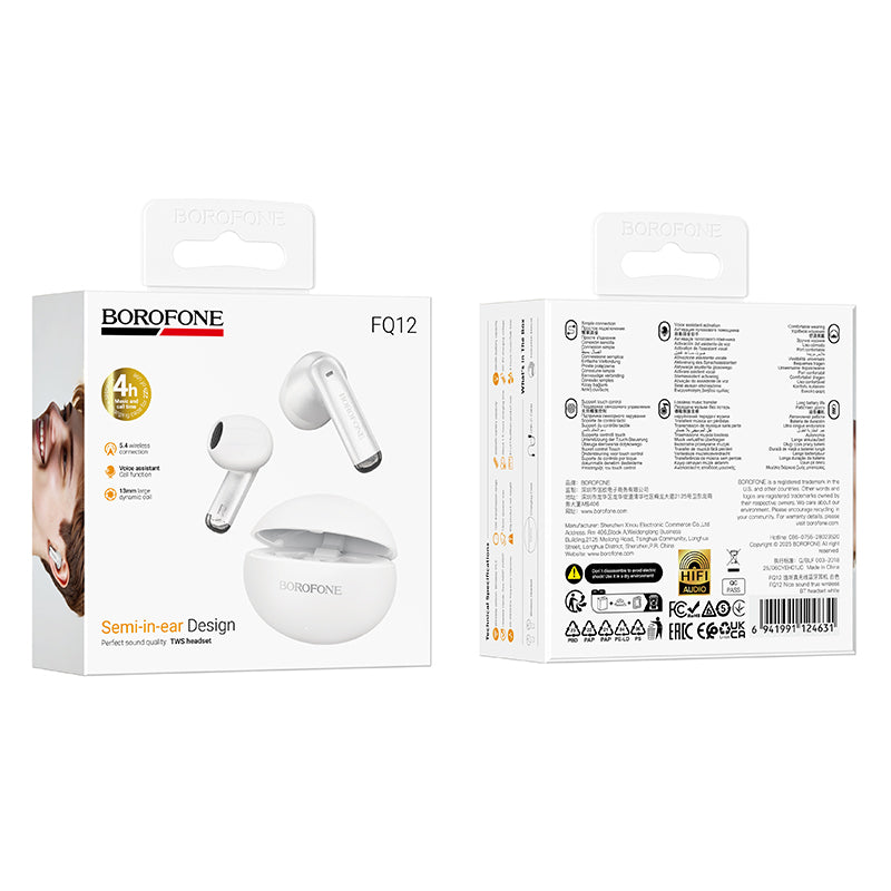Auricolari Bluetooth Borofone FQ12 Nice, TWS, Bianco