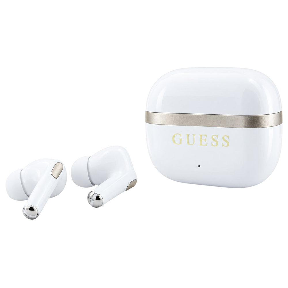 Auricolari Bluetooth Guess Glossy Gold Line Printed Classic Logo, TWS, bianchi