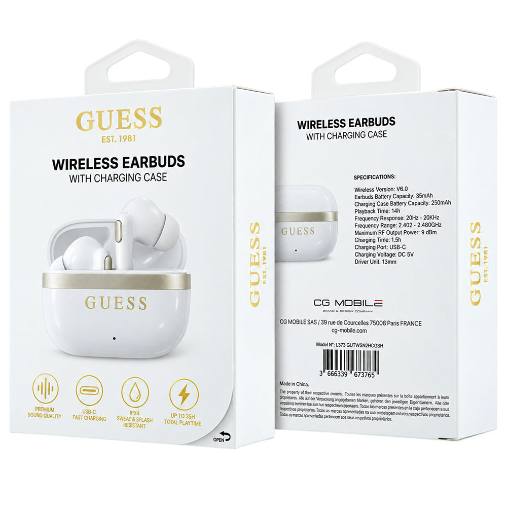 Auricolari Bluetooth Guess Glossy Gold Line Printed Classic Logo, TWS, bianchi