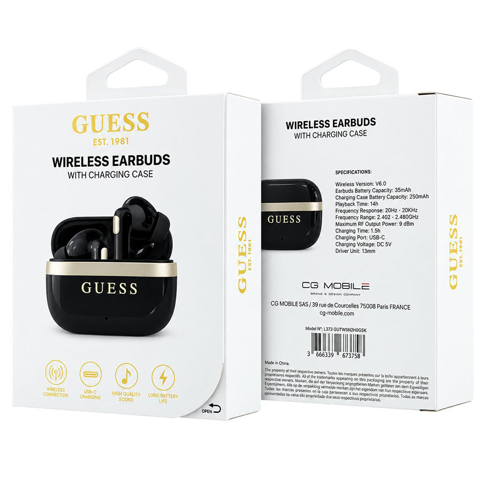 Auricolari Bluetooth Guess Glossy Gold Line con logo classico stampato, TWS, neri