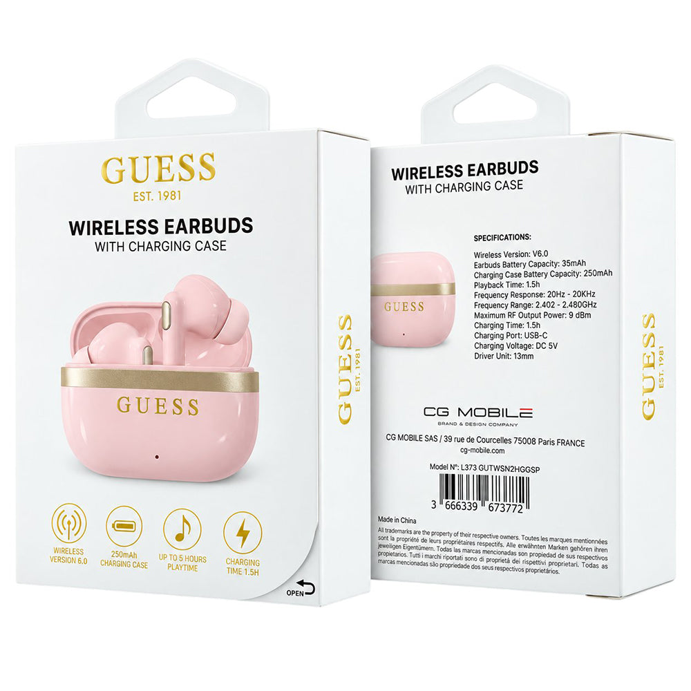 Auricolari Bluetooth Guess Glossy Gold Line Printed Classic Logo, TWS, Rosa