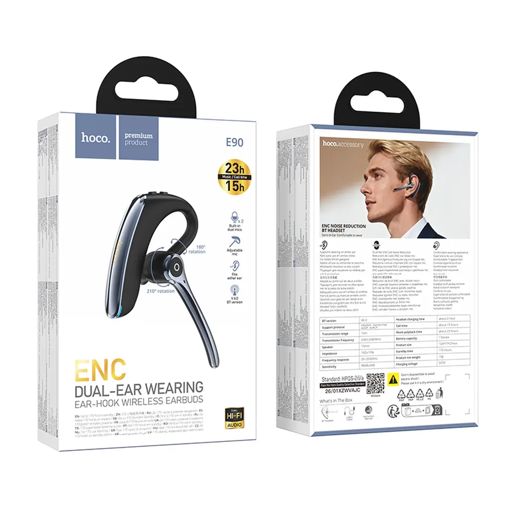 Auricolare Bluetooth HOCO E90, A2DP, Nero
