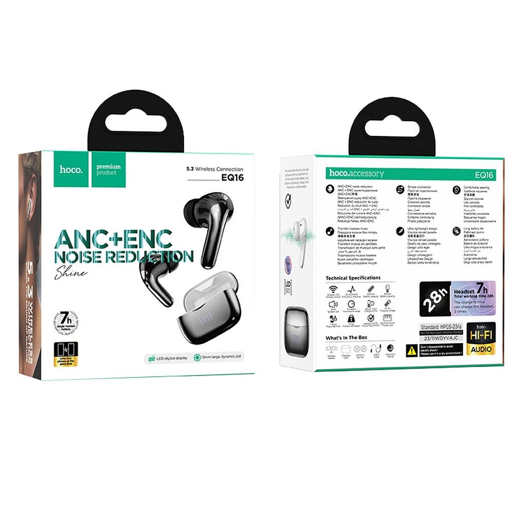 Auricolare Bluetooth HOCO EQ16, TWS, ANC, Nero