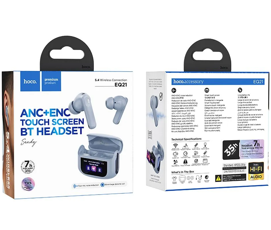 Auricolare Bluetooth HOCO EQ21, TWS, ANC, Blu