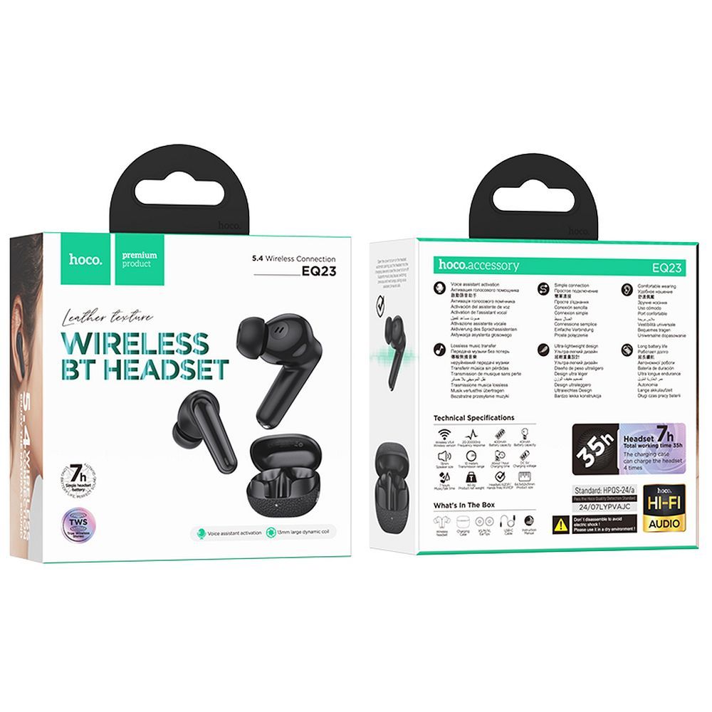 Auricolare Bluetooth HOCO EQ23, TWS, Nero