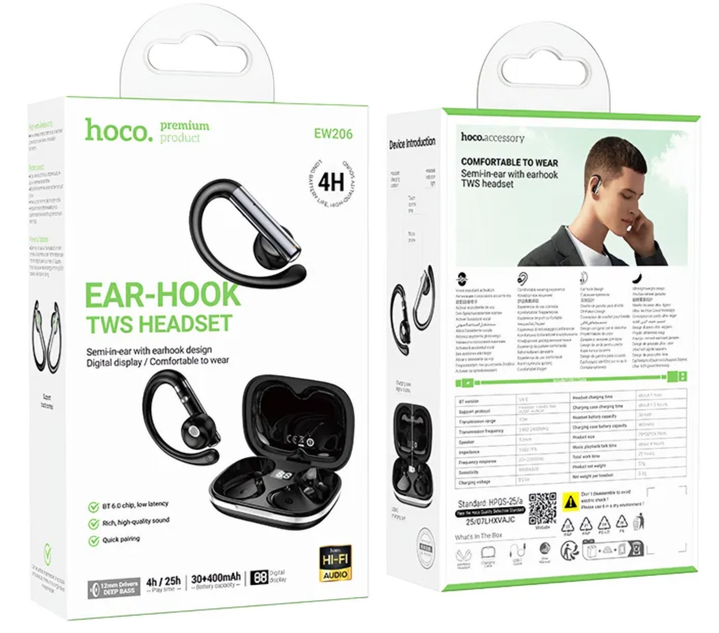 Auricolare Bluetooth HOCO EW206, TWS, Nero