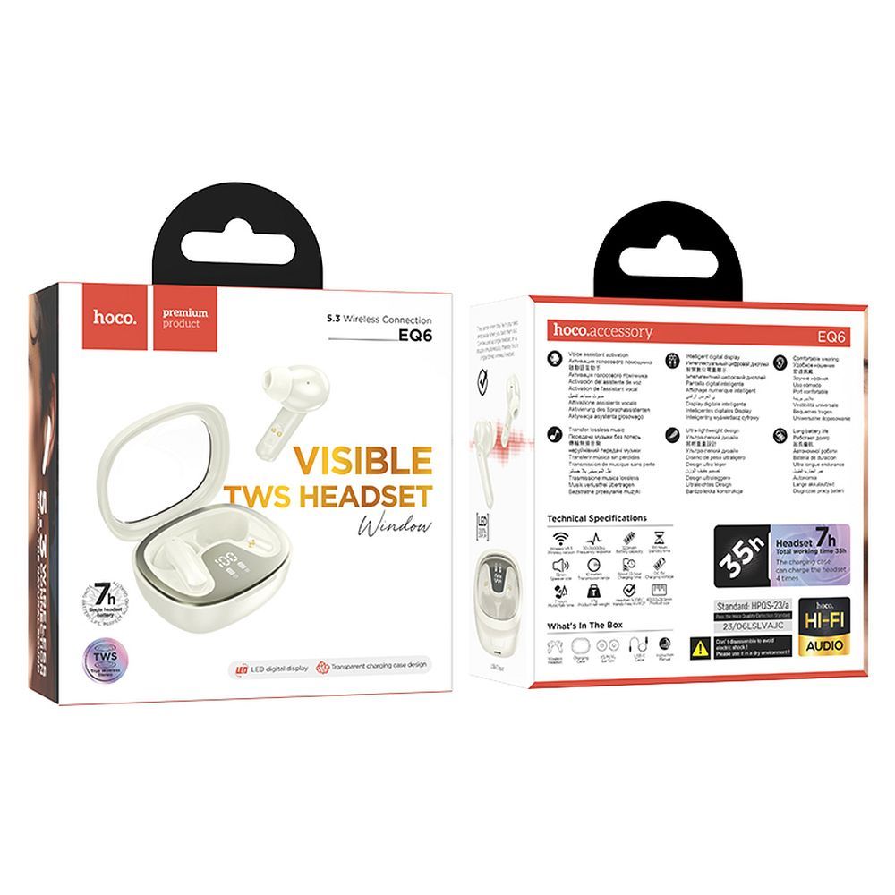 Auricolare Bluetooth HOCO Shadow EQ6, TWS, Bianco