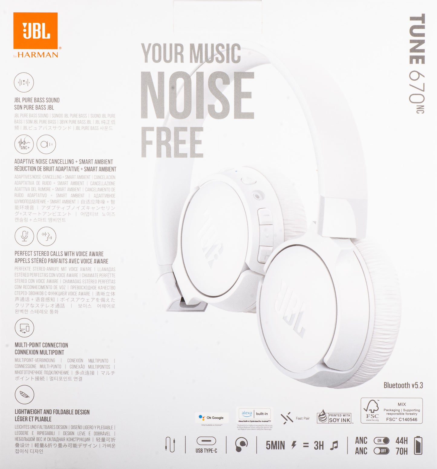 Auricolare Bluetooth JBL Tune 670NC, MultiPoint, A2DP, ANC, Bianco JBLT670NCWHTAP