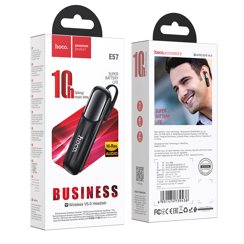 Auricolare Bluetooth HOCO E57, A2DP, Nero