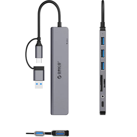 Hub USB / USB-C Orico YSA8-U3, 1 x USB-A 3.0 - 3 x USB-A - 1 x USB-C - 1 x Jack 3.5mm - 1 x SD - 1 x microSD, Nero