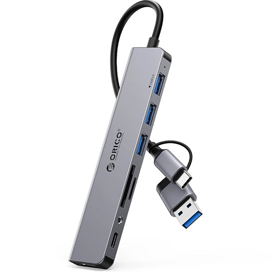 Hub USB / USB-C Orico YSA8-U3, 1 x USB-A 3.0 - 3 x USB-A - 1 x USB-C - 1 x Jack 3.5mm - 1 x SD - 1 x microSD, Nero