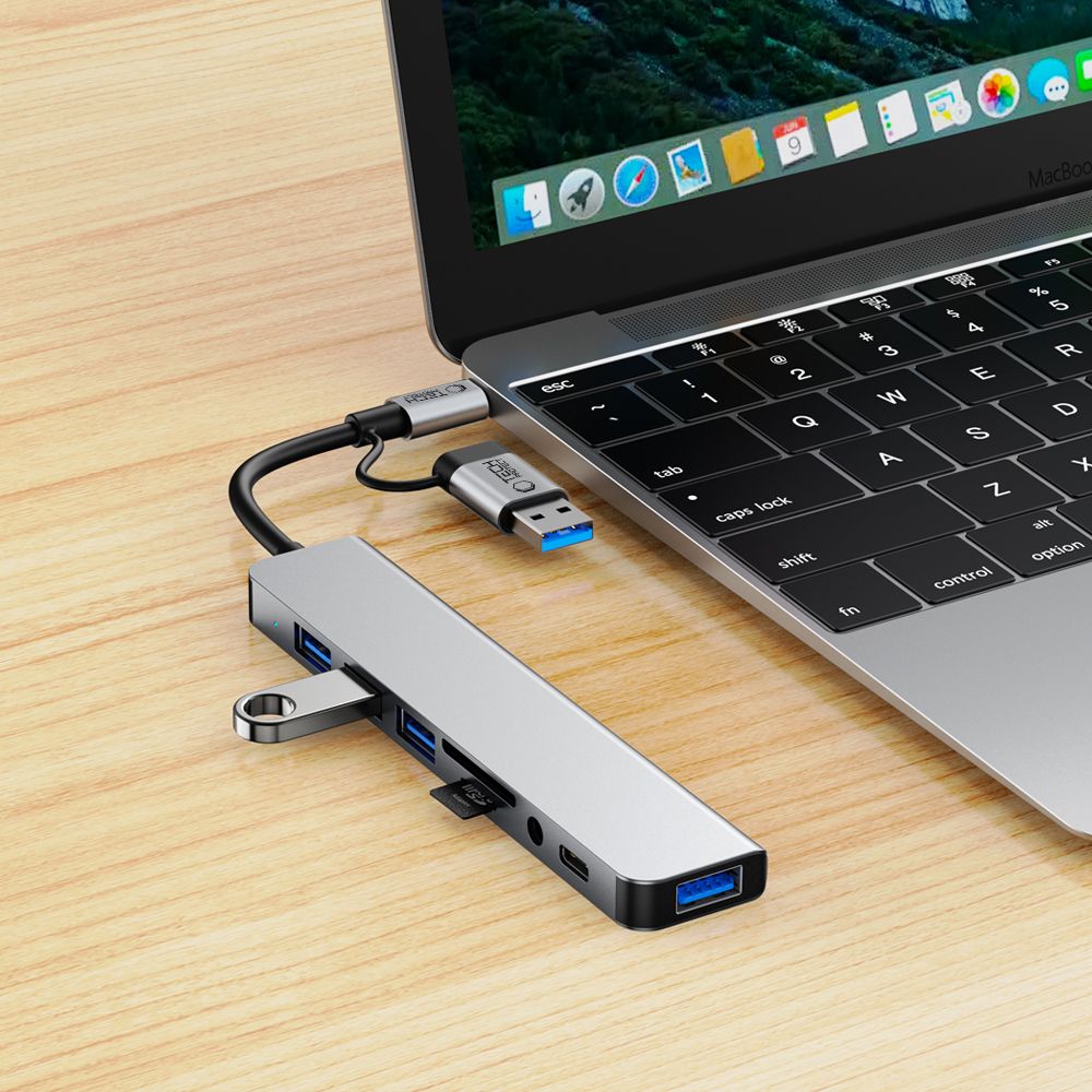 USB / USB-C Hub Tech-Protect HB06, 2 x USB-A 3.0 - 2 x USB-A - 1 x USB-C - 1 x 3.5mm Jack - 1 x SD - 1 x microSD, Gray