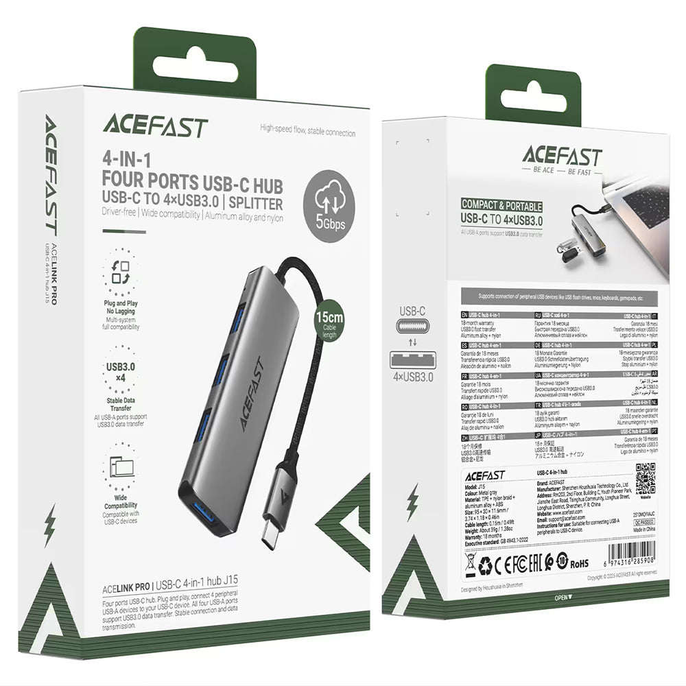 Hub USB-C Acefast J15, 4in1, Grigio