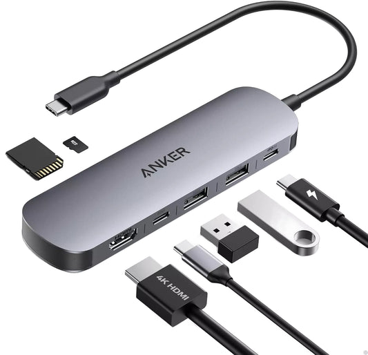 Hub USB-C Anker, 2 x USB-A 3.0 - 2 x USB-C - 1 x HDMI - 1 x SD - 1 x microSD, Grigio A83D2HA1