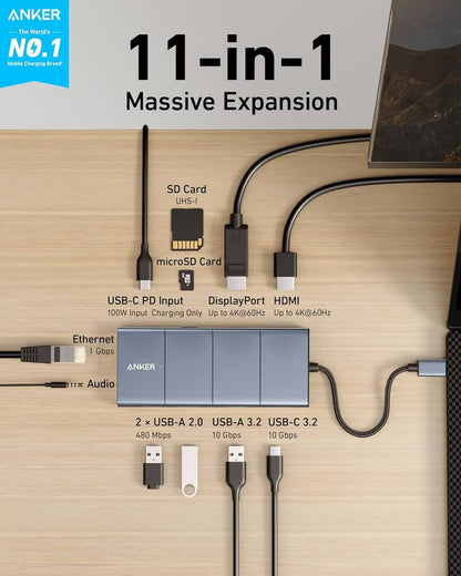 Hub USB-C Anker PowerExpand, 1 x USB-A 3.2 - 2 x USB-A - 2 x USB-C - 1 x Display Port - 1 x HDMI - 1 x Jack 3.5mm - 1 x RJ45 - 1 x SD - 1 x microSD, Grigio