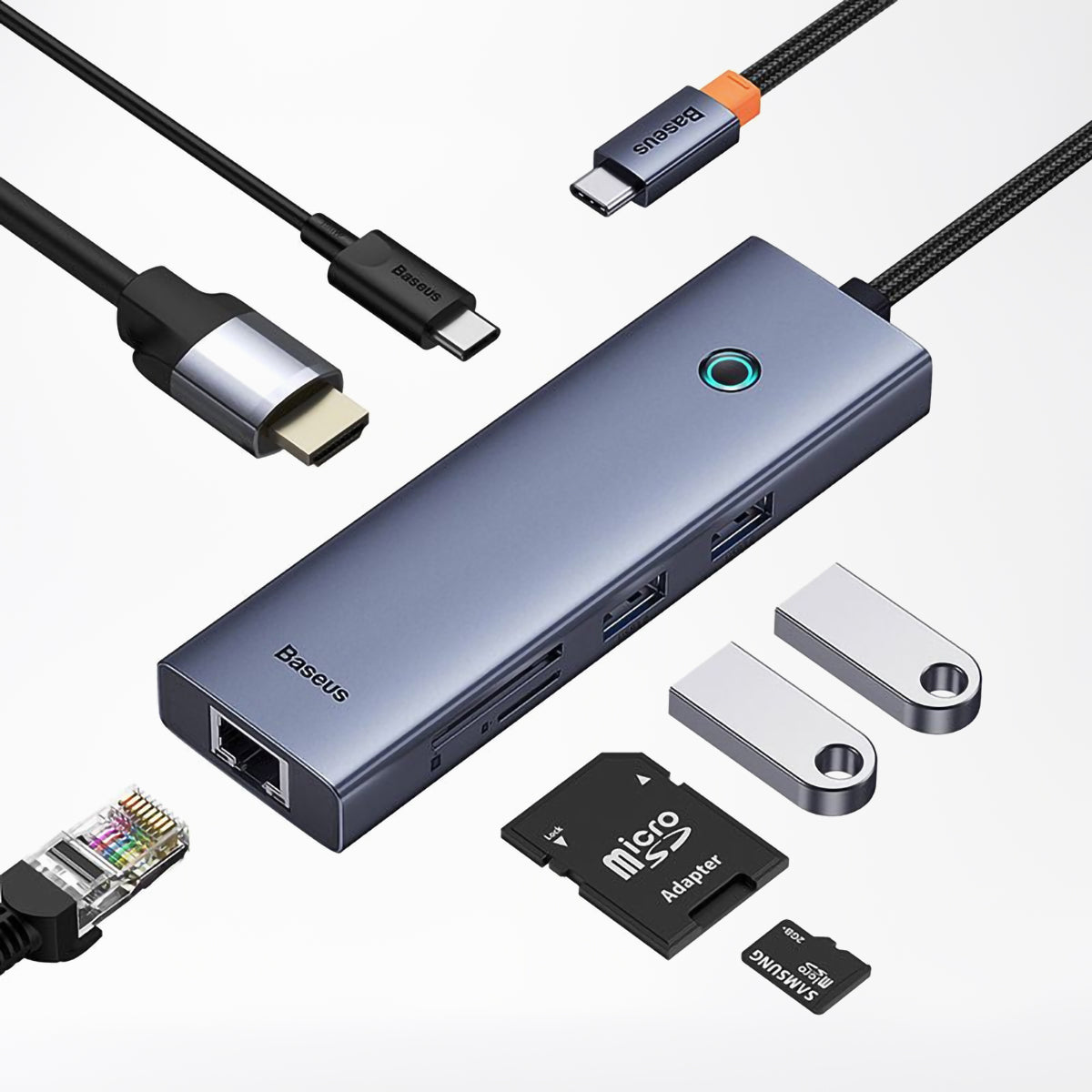 Hub USB-C Baseus UltraJoy, 2 x USB-A 3.0 - 1 x USB-C - 1 x HDMI - 1 x RJ45 - 1 x SD - 1 x microSD, Grigio B00052805813-00
