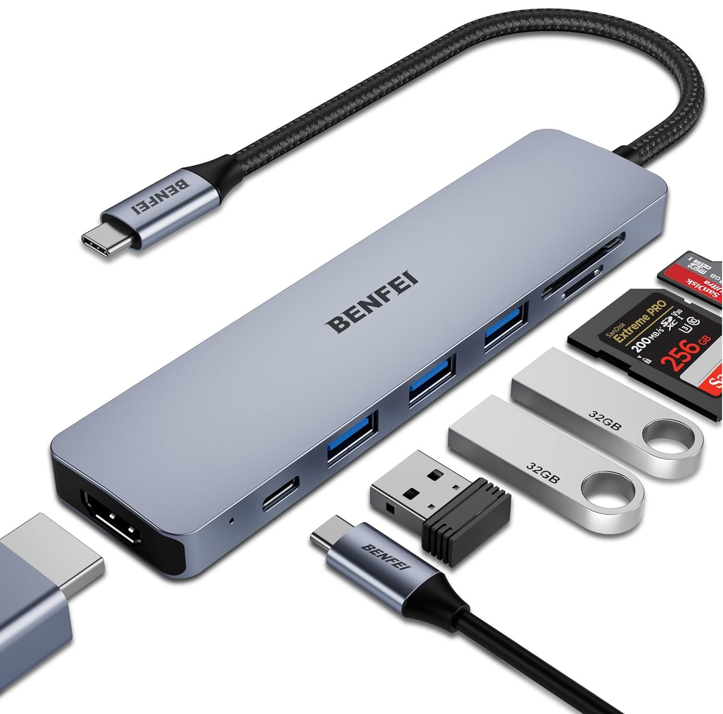 Hub USB-C Benfei, 3 x USB-A 3.0 - 1 x USB-C - 1 x HDMI - 1 x SD - 1 x microSD, Grigio