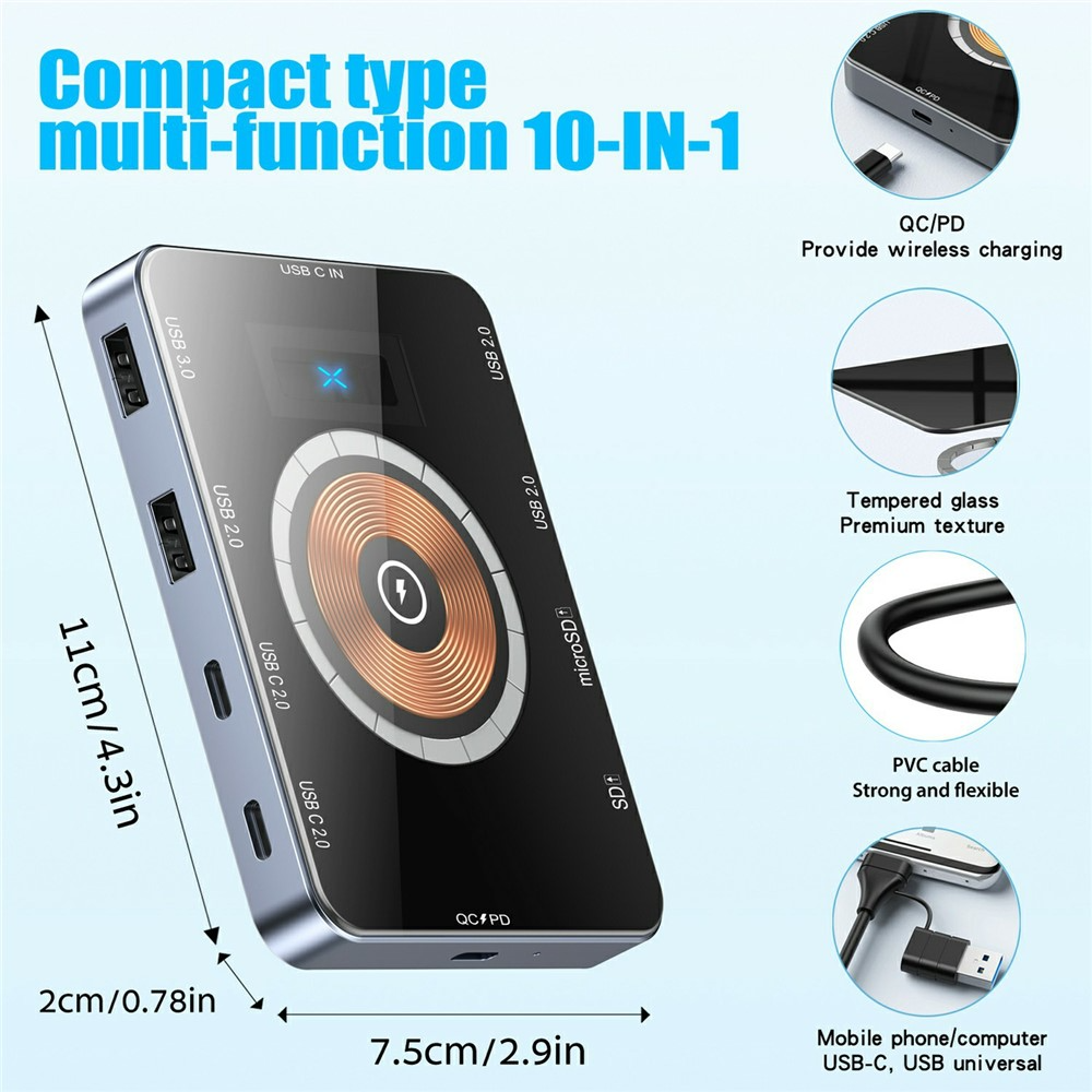 Hub USB-C con Ricarica Wireless QI OEM YC7209, 10in1, Grigio