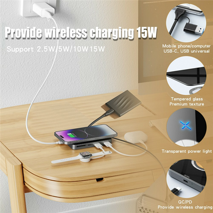 Hub USB-C con Ricarica Wireless QI OEM YC7209, 10in1, Grigio
