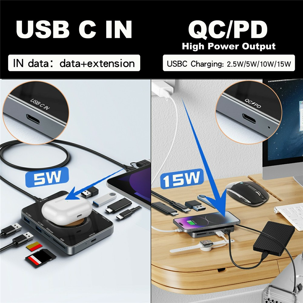 Hub USB-C con Ricarica Wireless QI OEM YC7209, 10in1, Grigio