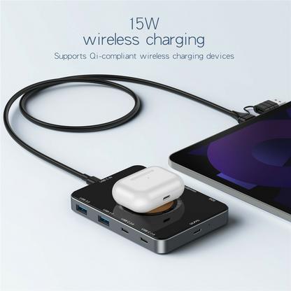 Hub USB-C con Ricarica Wireless QI OEM YC7209, 10in1, Grigio