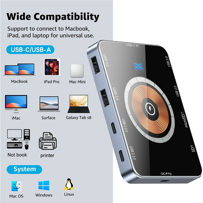 Hub USB-C con Ricarica Wireless QI OEM YC7209, 10in1, Grigio