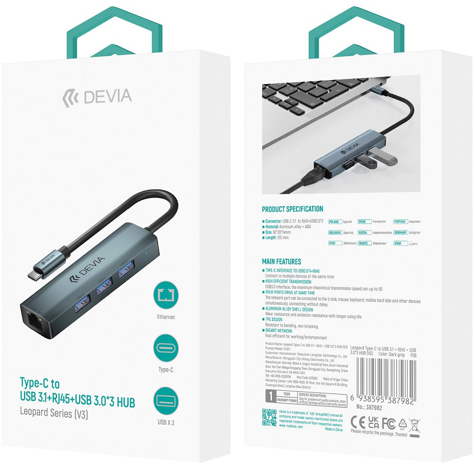 Hub USB-C DEVIA EC621, 3 x USB-A 3.0 - 1 x RJ45, Grigio
