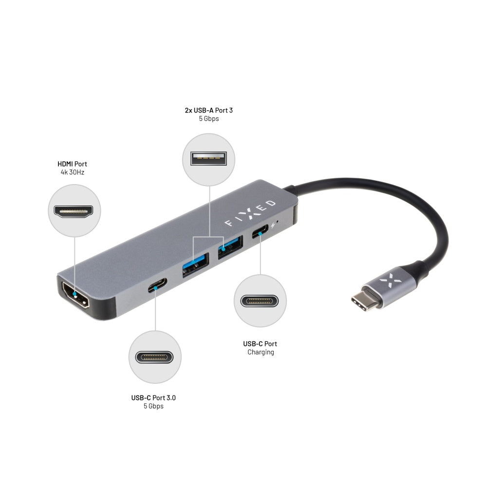 Fixed USB-C Hub, 4in1, Gray