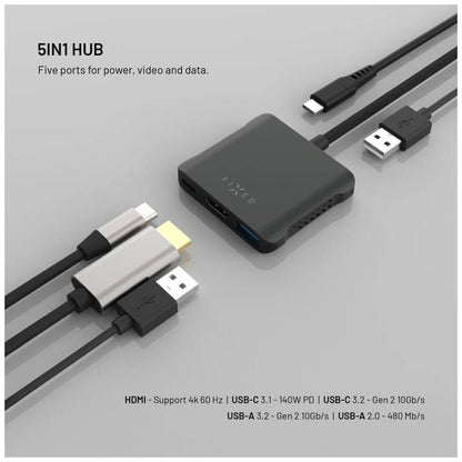 Fixed Quadri USB-C Hub, 5in1, Black