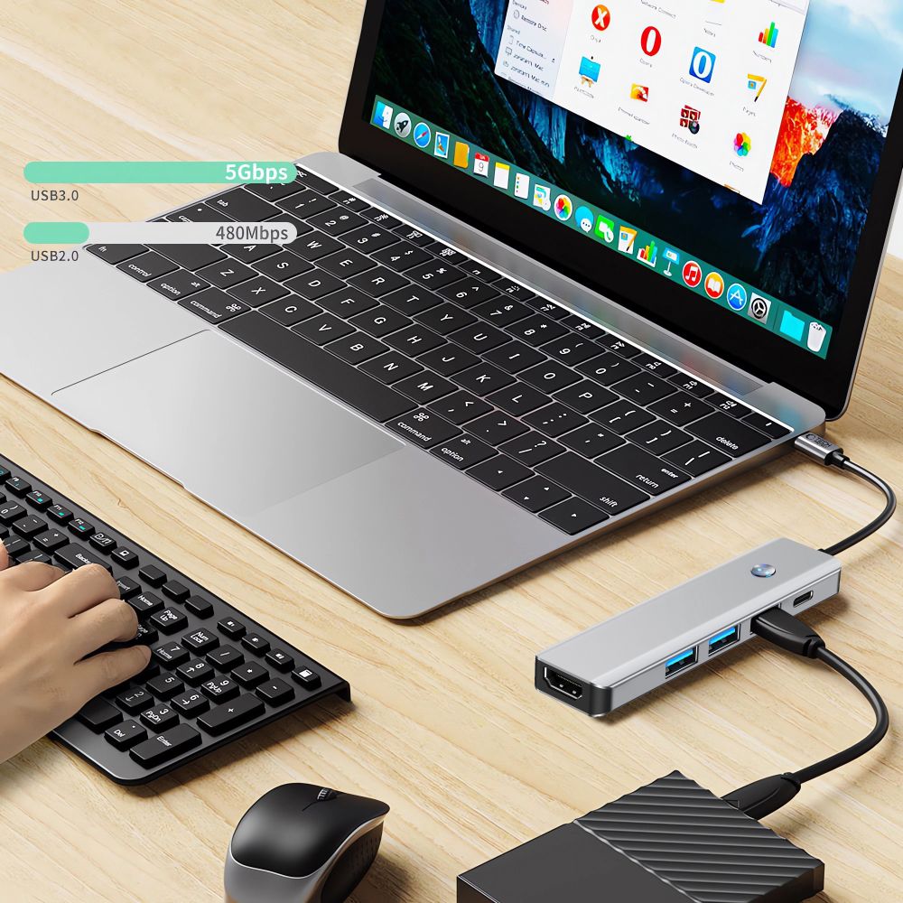 Hub USB-C Tech-Protect HB01, 1 x USB-A 3.0 - 2 x USB-A - 1 x USB-C - 1 x HDMI, Grigio