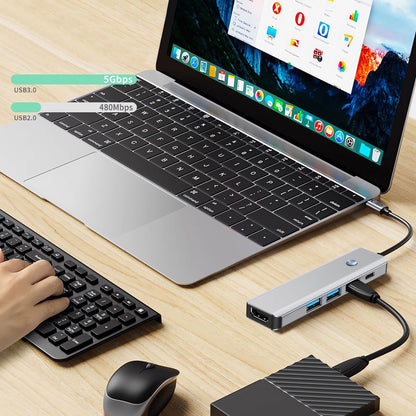 Hub USB-C Tech-Protect HB01, 1 x USB-A 3.0 - 2 x USB-A - 1 x USB-C - 1 x HDMI, Grigio