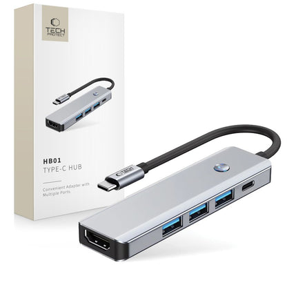 Hub USB-C Tech-Protect HB01, 1 x USB-A 3.0 - 2 x USB-A - 1 x USB-C - 1 x HDMI, Grigio