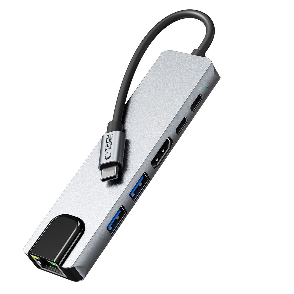 Hub USB-C Tech-Protect HB02, 1 x USB-A 3.0 - 1 x USB-A - 2 x USB-C - 1 x HDMI - 1 x RJ45, Grigio