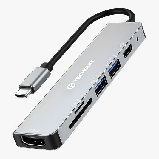 Hub USB-C Techsuit H5 TurboChargeX, 6in1, Grigio