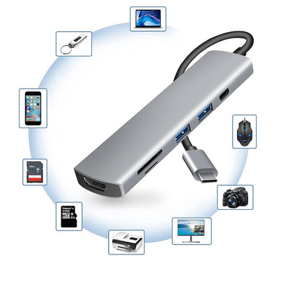 Hub USB-C Techsuit H5 TurboChargeX, 6in1, Grigio