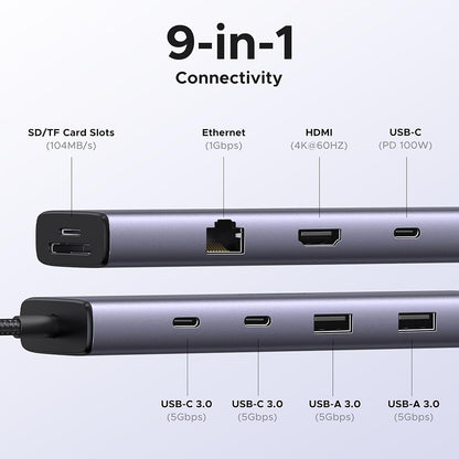 Hub USB-C UGREEN CM498 (15375), 2 x USB-A - 3 x USB-C - 1 x HDMI - 1 x RJ45 - 1 x SD - 1 x microSD, Grigio