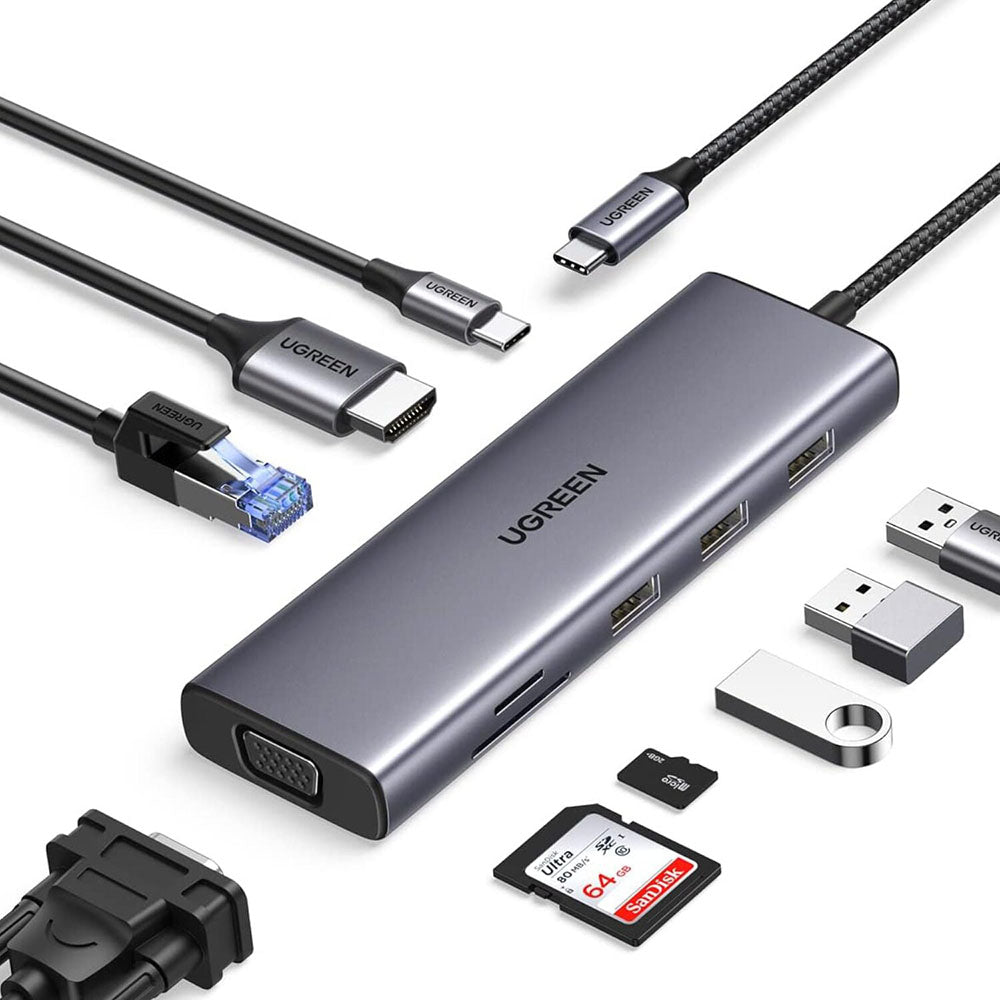 Hub USB-C UGREEN CM498 (15600), 3 x USB-A 3.0 - 1 x USB-C - 1 x HDMI - 1 x VGA - 1 x RJ45 - 1 x SD - 1 x microSD, Grigio