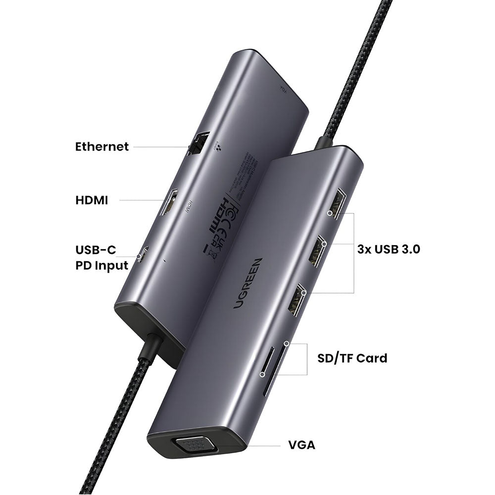 Hub USB-C UGREEN CM498 (15600), 3 x USB-A 3.0 - 1 x USB-C - 1 x HDMI - 1 x VGA - 1 x RJ45 - 1 x SD - 1 x microSD, Grigio