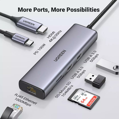 Hub USB-C UGREEN CM512 (90568), 2 x USB-A 3.0 - 1 x USB-C - 1 x HDMI - 1 x RJ45 - 1 x SD - 1 x microSD, Grigio