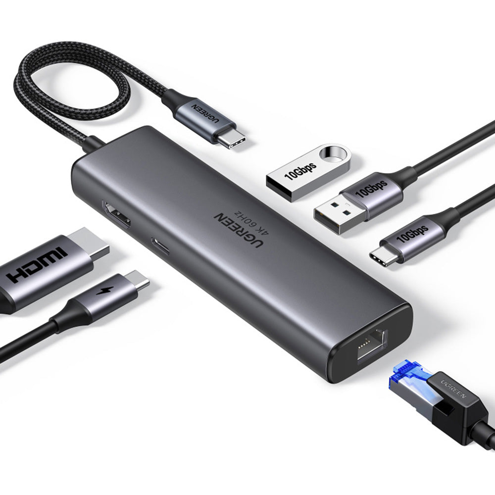 Hub USB-C UGREEN CM512 (45000), 2 x USB-A 3.2 - 2 x USB-C - 1 X HDMI - 1 x RJ45, Grigio