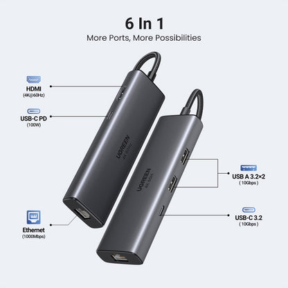 Hub USB-C UGREEN CM512 (45000), 2 x USB-A 3.2 - 2 x USB-C - 1 X HDMI - 1 x RJ45, Grigio