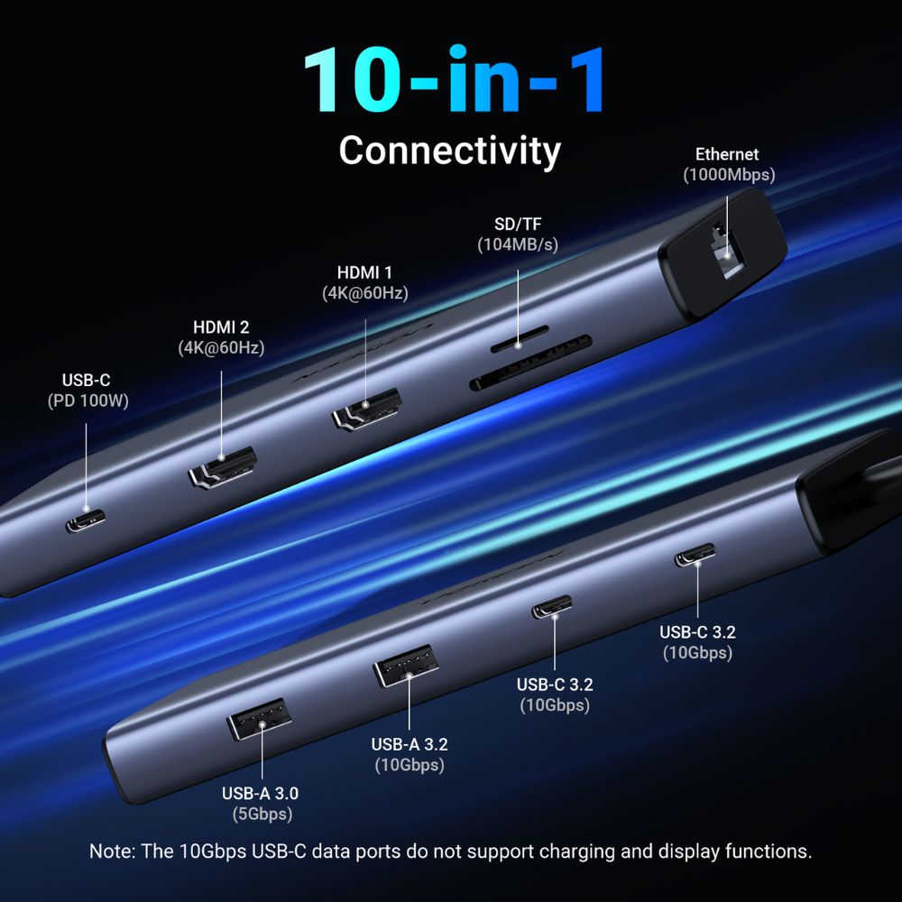 Hub USB-C UGREEN CM639 (45380), 2 x USB-A 3.2 - 3 x USB-C - 2 x HDMI - 1 x RJ45 - 1 x SD - 1 x microSD, Grigio