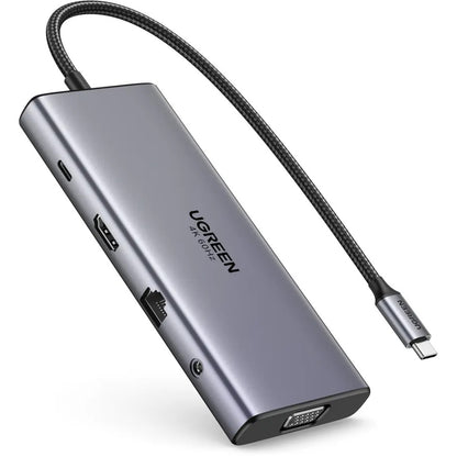 Hub USB-C UGREEN CM639 (45520), 2 x USB-A 3.2 - 3 x USB-C - 1 x HDMI - 1 x VGA - 1 x Jack 3.5mm - 1 x RJ45 - 1 x SD - 1 x microSD, Grigio