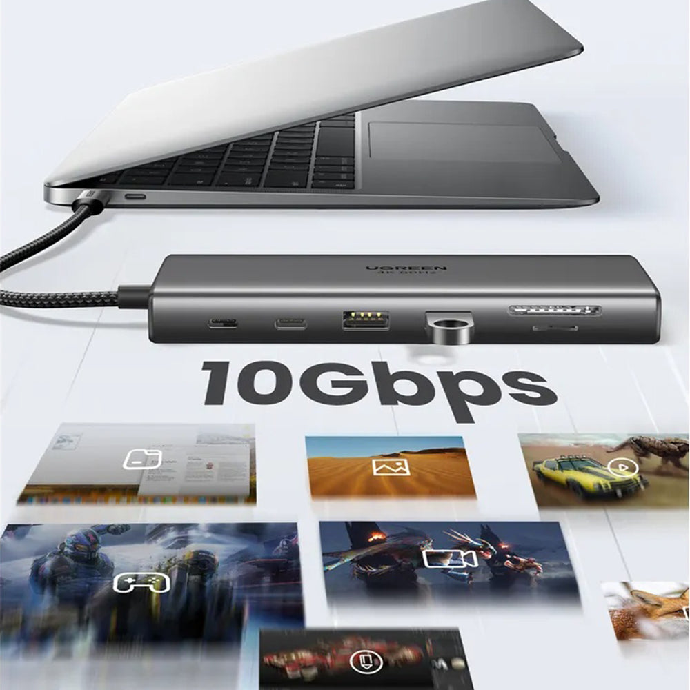 Hub USB-C UGREEN CM639 (45520), 2 x USB-A 3.2 - 3 x USB-C - 1 x HDMI - 1 x VGA - 1 x Jack 3.5mm - 1 x RJ45 - 1 x SD - 1 x microSD, Grigio