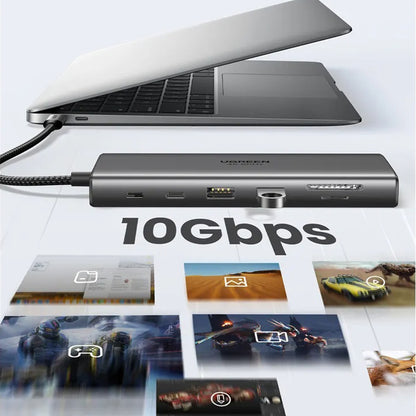 Hub USB-C UGREEN CM639 (45520), 2 x USB-A 3.2 - 3 x USB-C - 1 x HDMI - 1 x VGA - 1 x Jack 3.5mm - 1 x RJ45 - 1 x SD - 1 x microSD, Grigio