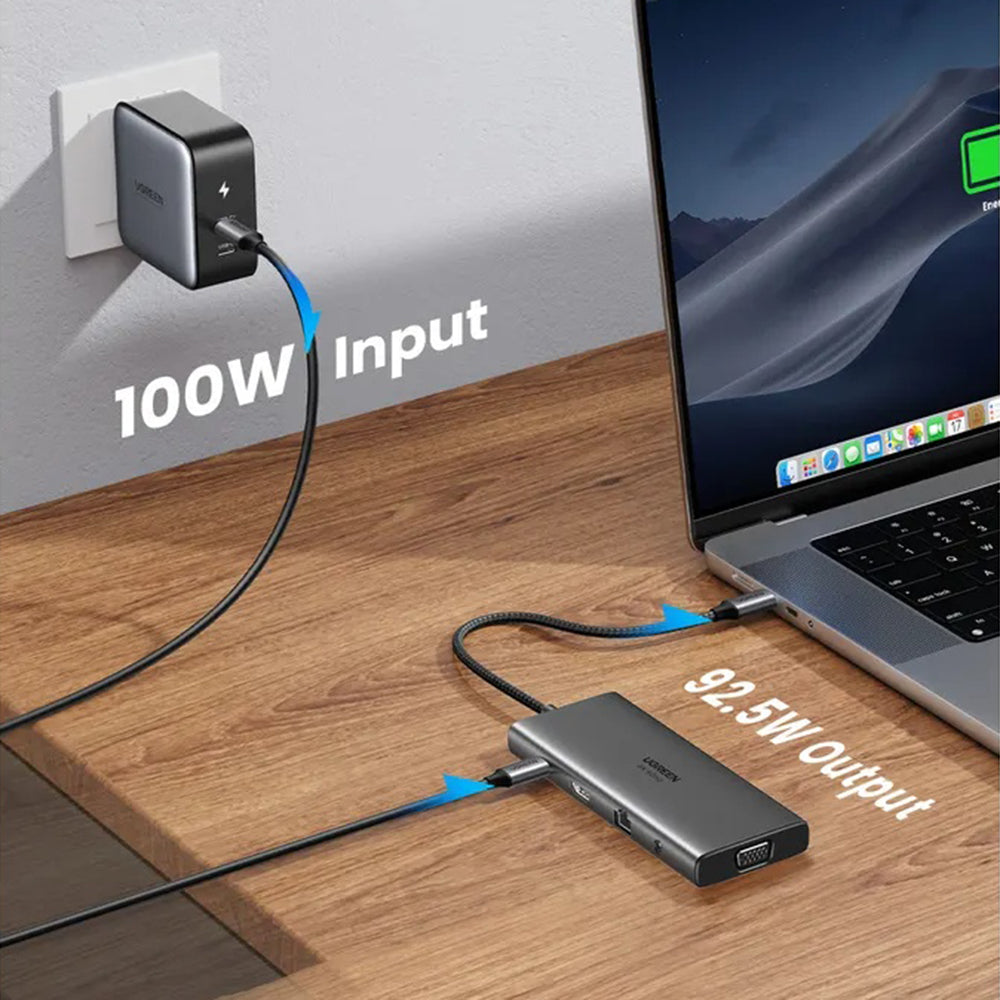 Hub USB-C UGREEN CM639 (45520), 2 x USB-A 3.2 - 3 x USB-C - 1 x HDMI - 1 x VGA - 1 x Jack 3.5mm - 1 x RJ45 - 1 x SD - 1 x microSD, Grigio